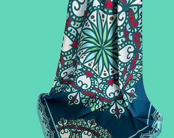 Silk Scarf for Women, India Mandala Ornament, Boho Art Gift