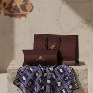 Silk Scarf, Ancient Greek Meander Key Pattern, Women's Bandana, Corporate Gifts