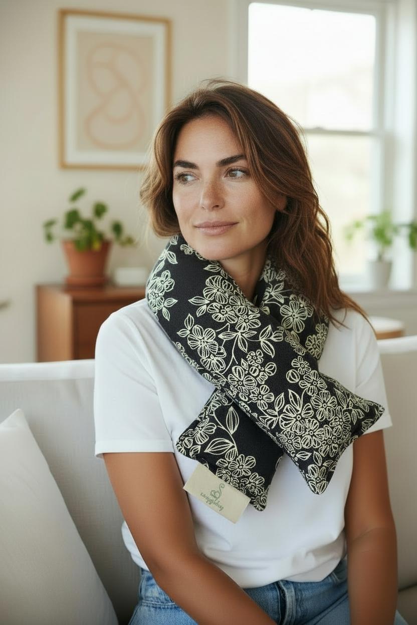 Microwaveable Heated Neck Wrap, Black and White Floral Rice & Flaxseed Heat Cold Pack, Cotton, Gift for Mom,