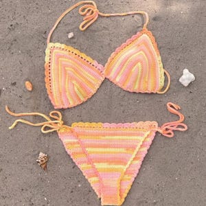 Top En Crochet Marron, Beige & Orange - Style Maillot De Bain Triangle - Taille M