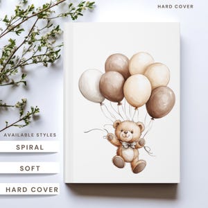 Cuaderno de tapa dura, espiral o blanda con diseño de oso globo, diario único, regalo de cumpleaños, material escolar, baby shower, guardería, minimalista.