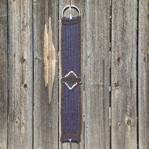 32&quot; Mohair Cinch w/ Stainless Steel Buckles, Tack Set for Western Horseback Riding, Handmade from 100% Mohair Cord, brown blue and gray