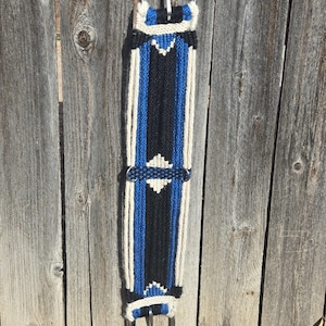 30&quot; Mohair Cinch with Stainless Steel Buckles, for Wester Horseback Riding, Handmade from 100% Mohair Tied Cord,  Blue Black and Tan