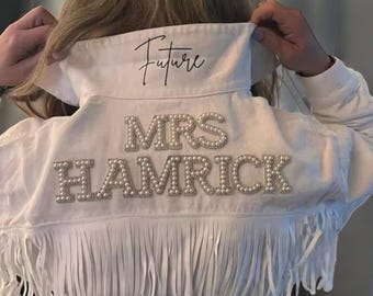 Personalized Bridal Denim Jacket – White Pearl, Embroidered Wedding Jean
