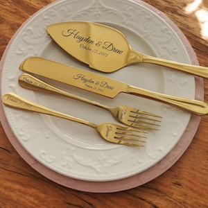 Personalized Wedding Cake Cutting Set – 4-Piece Engraved Knife, Server & Forks, Custom Bridal Shower Gift, Anniversary Keepsake