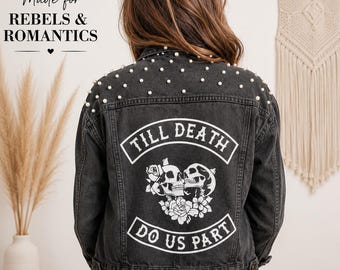 Maßgeschneiderte schwarze Jeans-Brautjacke – Perlenverzierter Hochzeitsmantel