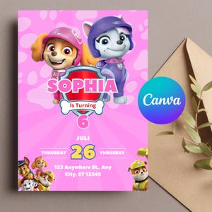 Paw Patrol Mädchen Geburtstagseinladung | A6 bearbeitbare Canva-Vorlage | Skye Party einladen | Druckbare digitale Datei