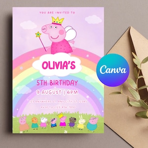 Peppa Pig-verjaardagsuitnodiging | Bewerkbare A6-canvasjabloon | Afdrukbare meisjesfeestuitnodiging | Digitale download | Peppa Party Card