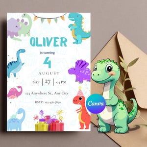Bearbeitbare Dinosaurier-Geburtstagseinladung | Dino Party einladen für Jungen oder Mädchen | Canva Vorlage | Druckbare Kinder Geburtstagskarte | Sofort-Download: