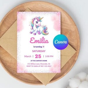 Convite de aniversário de unicórnio editável | Convite para festa de arco-íris rosa para meninas | Modelo Canva para download instantâneo | Cartão de aniversário digital para meninas