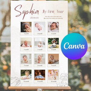 Collage photo de ma première année |  Tableau photo mensuel imprimable pour bébé | Poster modifiable d'étape importante de bébé | Cadeau de premier anniversaire | Formats A3 A4