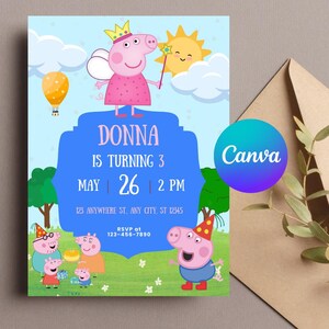 Peppa Pig Geburtstagseinladung für Mädchen und Jungen| Rosa bearbeitbare Canva Vorlage | A6 Digitaler Download | Druckbare Party einladen