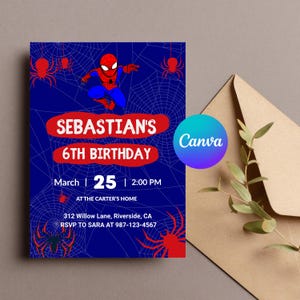 Convite de aniversário do Homem-Aranha – Convite digital para festa de super-heróis – Modelo A6 editável para Canva – Cartão de aniversário para meninos para impressão – Download instantâneo