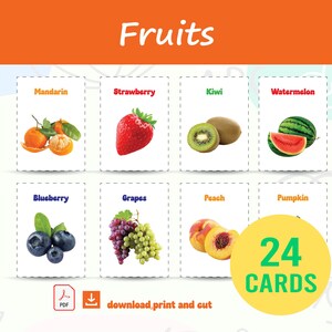 24 Fruits Flashcards - real pictures,Printable Fruits,Flashcards,Montessori Learning,Kids Learning Cards,Preschool Learning,Visual Cards.
