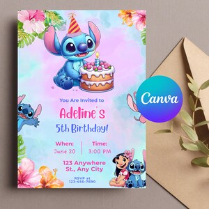 Stitch Birthday Invitation for Girl | Editable Blue and Pink A6 Canva Template | Tropical Digital Download Invite