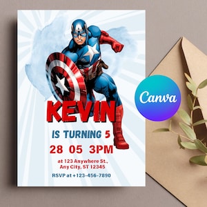 Invito di compleanno di Capitan America / Modello Canva modificabile in formato A6 / Invito per festa di supereroi stampabile / Biglietto per festa di supereroi scaricabile digitalmente