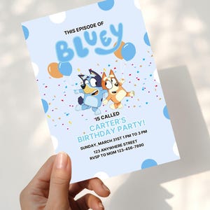 Invito di compleanno di Bluey. Invito di compleanno, invito per la festa del festeggiato, invito per la festa di compleanno di Bluey, invito per la festa di compleanno, modificabile su Canva