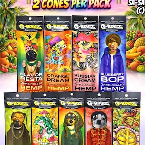 May include: Nine vertical G-Rollz hemp cone packs featuring colourful graphic illustrations of animals and figures. Each pack is labelled with flavour names including Flavor Fiesta, Orange Dream, Russian Cream, Blueberry Bop, Green Funk, Passion Haze, Tropical Twist, Strawberry Pop, and Honey Buzz.