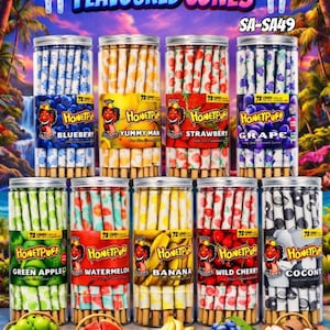May include: A selection of HoneyPuff flavoured cones in clear plastic jars. Each jar is labelled with a different flavour, including Blueberry, Yummy Man, Strawberry, Grape, Green Apple, Watermelon, Banana, Wild Cherry, and Coconut. The text "HoneyPuff Paper Flavoured Cones" is at the top.