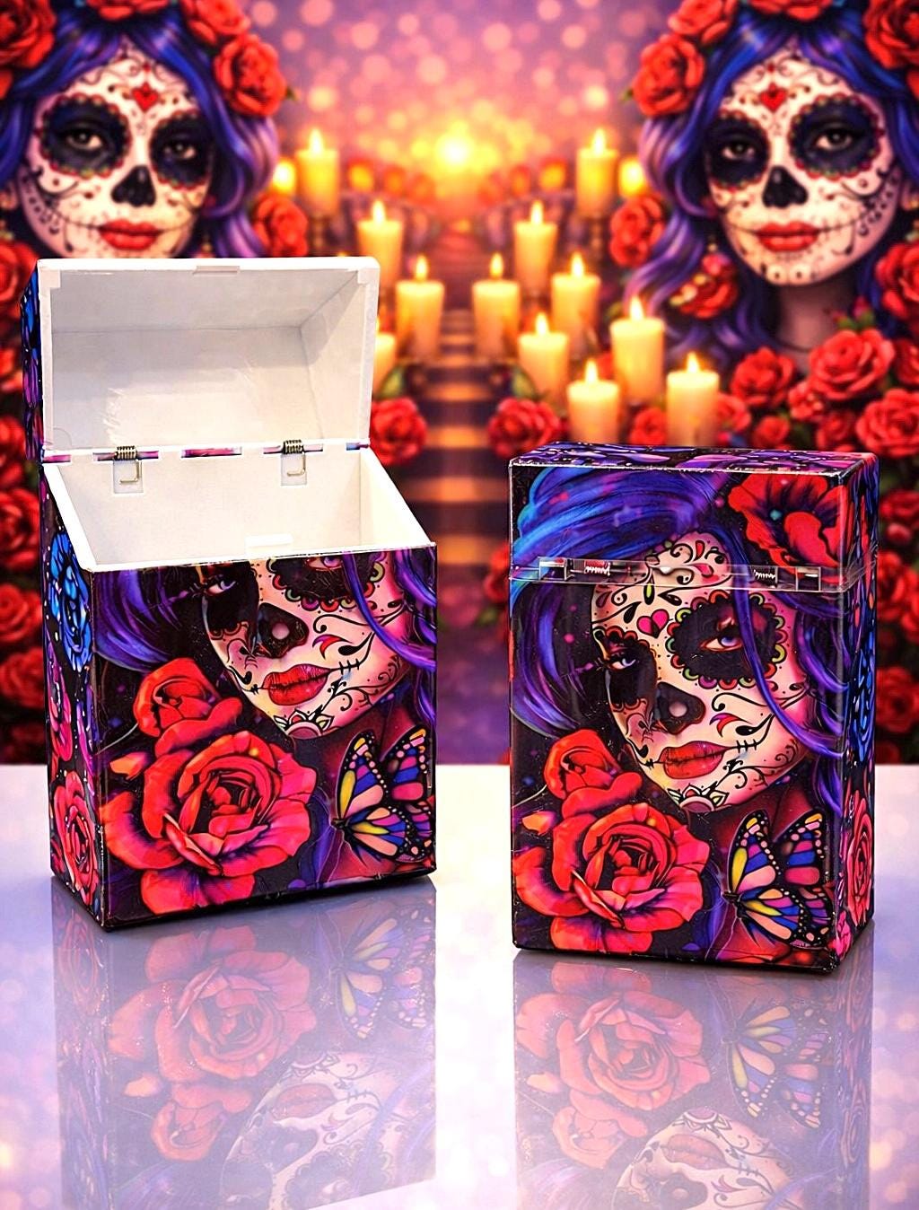 sugar skull cigarette case D6 Small Black Metal Day of The Dead Dia De Los Muertos Mexican Folk Art : Clothing, Shoes & Jewelry New Colorful Day of the