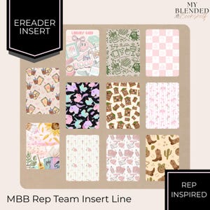 May include: A collection of colorful e-reader inserts with various designs, including floral, geometric, and themed patterns. The inserts feature text such as "Library Card" and "MBB Rep Team Insert Line". The overall aesthetic is bright and whimsical.