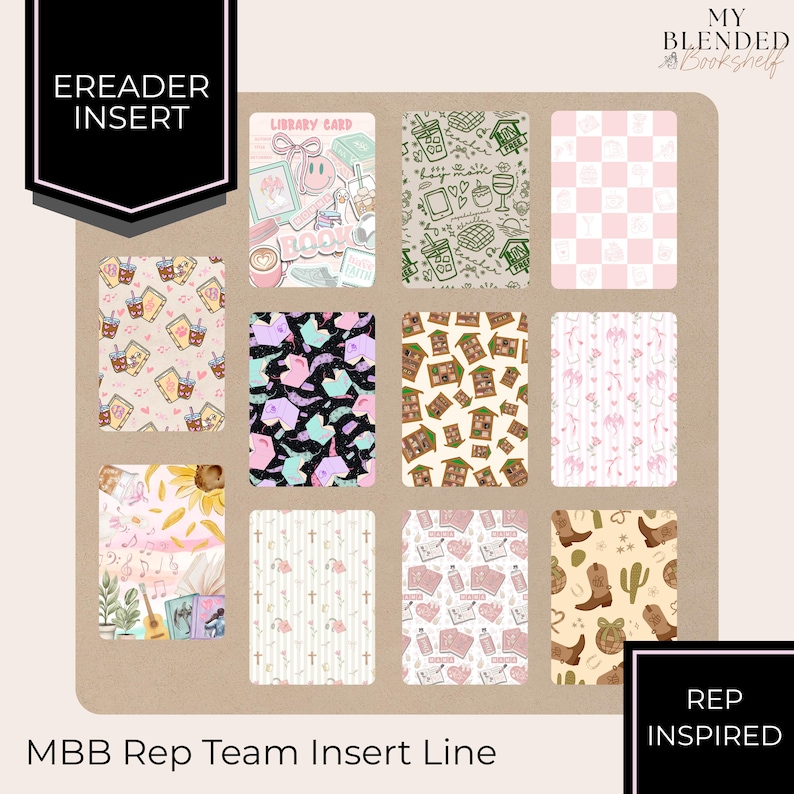 May include: A collection of colorful e-reader inserts with various designs, including floral, geometric, and themed patterns. The inserts feature text such as "Library Card" and "MBB Rep Team Insert Line". The overall aesthetic is bright and whimsical.
