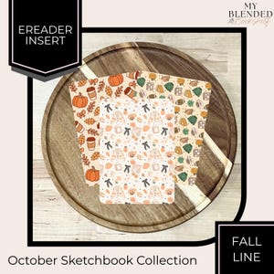 May include: Three rectangular ereader inserts featuring autumn-themed patterns. The designs include orange pumpkins, brown coffee cups, fall leaves, books, bows, and green knit hats in a repeating graphic print on a light cream-colored background.