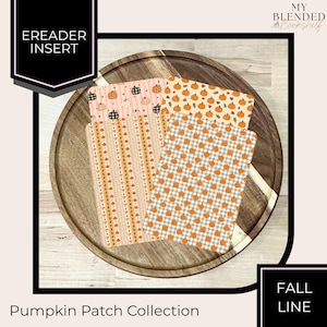 May include: Three rectangular ereader inserts featuring pumpkin patterns. One has vertical stripes with pumpkins, one has a light background with orange pumpkins, and one has a gray and white gingham check pattern with small orange pumpkins.