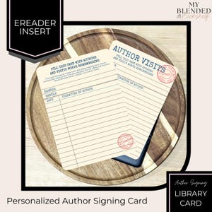May include: Two cream-colored author signing cards with lined spaces for reader and author details, resting on a wooden tray. The cards feature text that reads "Author Visits" and "Fill this card with authors and visits worth remembering."