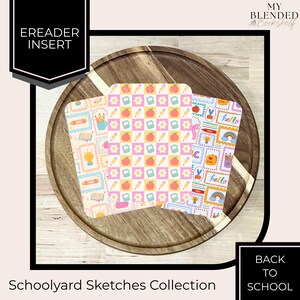 May include: Three rectangular ereader inserts featuring school-themed patterns. The designs include colorful illustrations of apples, pencils, flowers, rainbows, books, and the word hello, arranged in grid and stamp-like layouts on a light background.