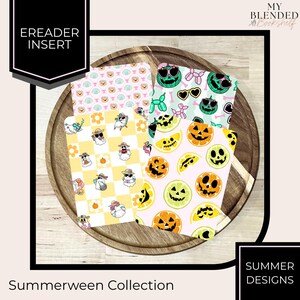 May include: A set of four rectangular ereader inserts featuring Summerween collection designs. Patterns include ghosts in summer attire on a yellow checkerboard, green jack-o'-lanterns with sunglasses, and citrus fruit slices with carved jack-o'-lantern faces.