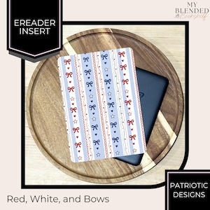 May include: An ereader insert featuring a repeating vertical pattern of red and blue bows, small red hearts, and white stars on a light blue and white striped background. The design includes thin wavy lines and is displayed on a black ereader device.