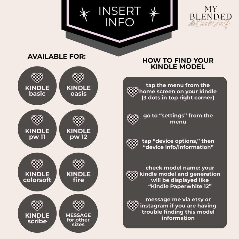 May include: Informational graphic with text about Kindle models. Includes a list of Kindle models: basic, oasis, pw 11, pw 12, colorsoft, fire, and scribe. Instructions on how to find your Kindle model are also provided.