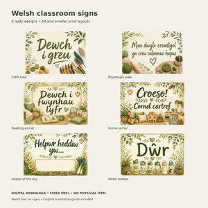 Può includere: Sei cartelli per aule in gallese con bordi botanici a foglie verdi e illustrazioni. I cartelli includono il testo: Dewch i greu, Mae dwylo creadigol yn creu calonnau hapus, Dewch i fwynhau lyfr, Croeso! Cornel cartref, Helpwr heddiw yw e Dŵr.
