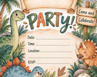 Invito di compleanno a tema dinosauri modificabile / Invito per festa ad acquerello (Download digitale)