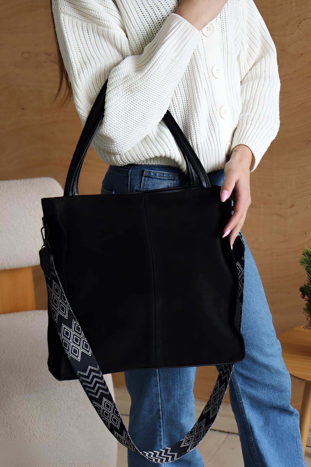Suede Laptop Bag: Large Shoulder Bag with Geometric Strap