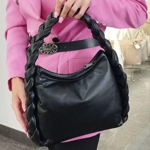 Leather evening bag. Black elegant handbag. Braided handle bag. Birthday milestone gift