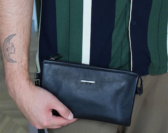Black Leather Men&#39;s Clutch. Everyday Wristlet Organizer. Men&#39;s leather wallet.