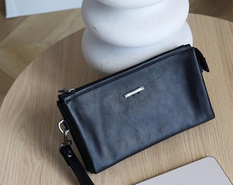 Black Leather Men&#39;s Clutch. Everyday Wristlet Organizer. Men&#39;s leather wallet.