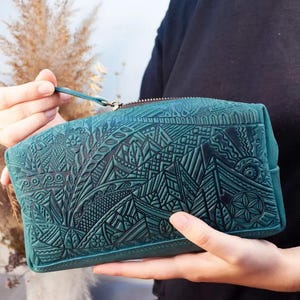 Embossed Leather Cosmetic Bag: Handmade Makeup Organizer, Travel Vanity Case