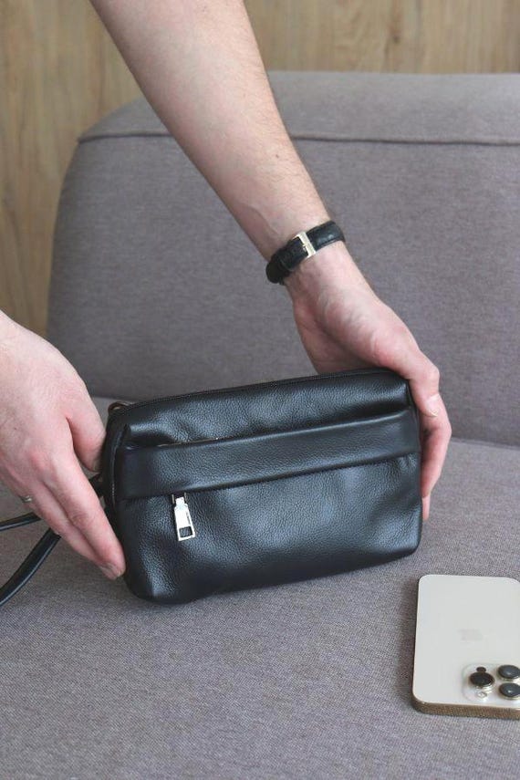 Pochette da polso da uomo in pelle nera: organizer da polso per