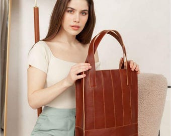 Large Brown Leather Work Tote Bag with Zipper