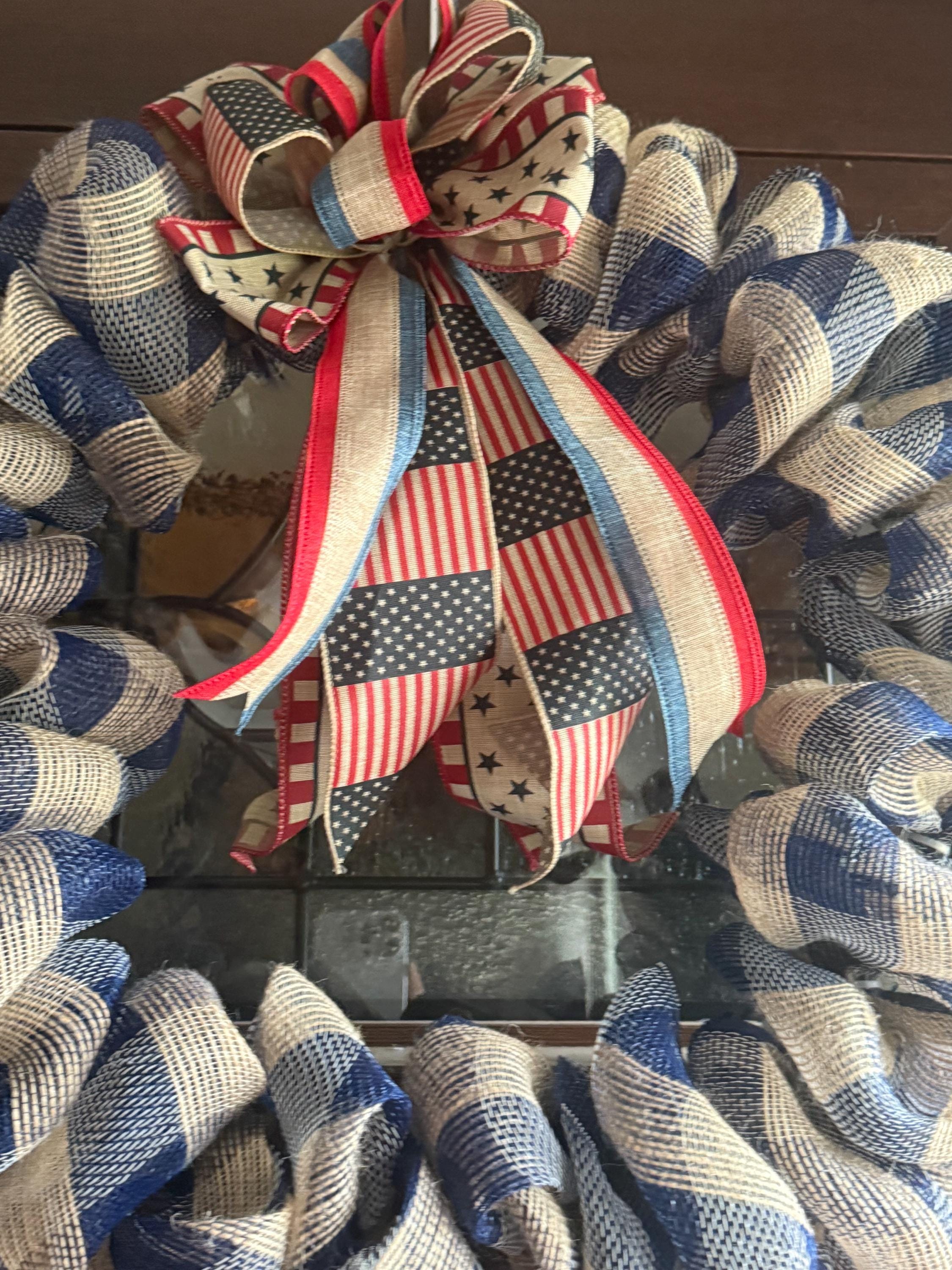 Patriotic Burlap Wreath | Handmade Americana Door Decor | Rustic Fourth ...