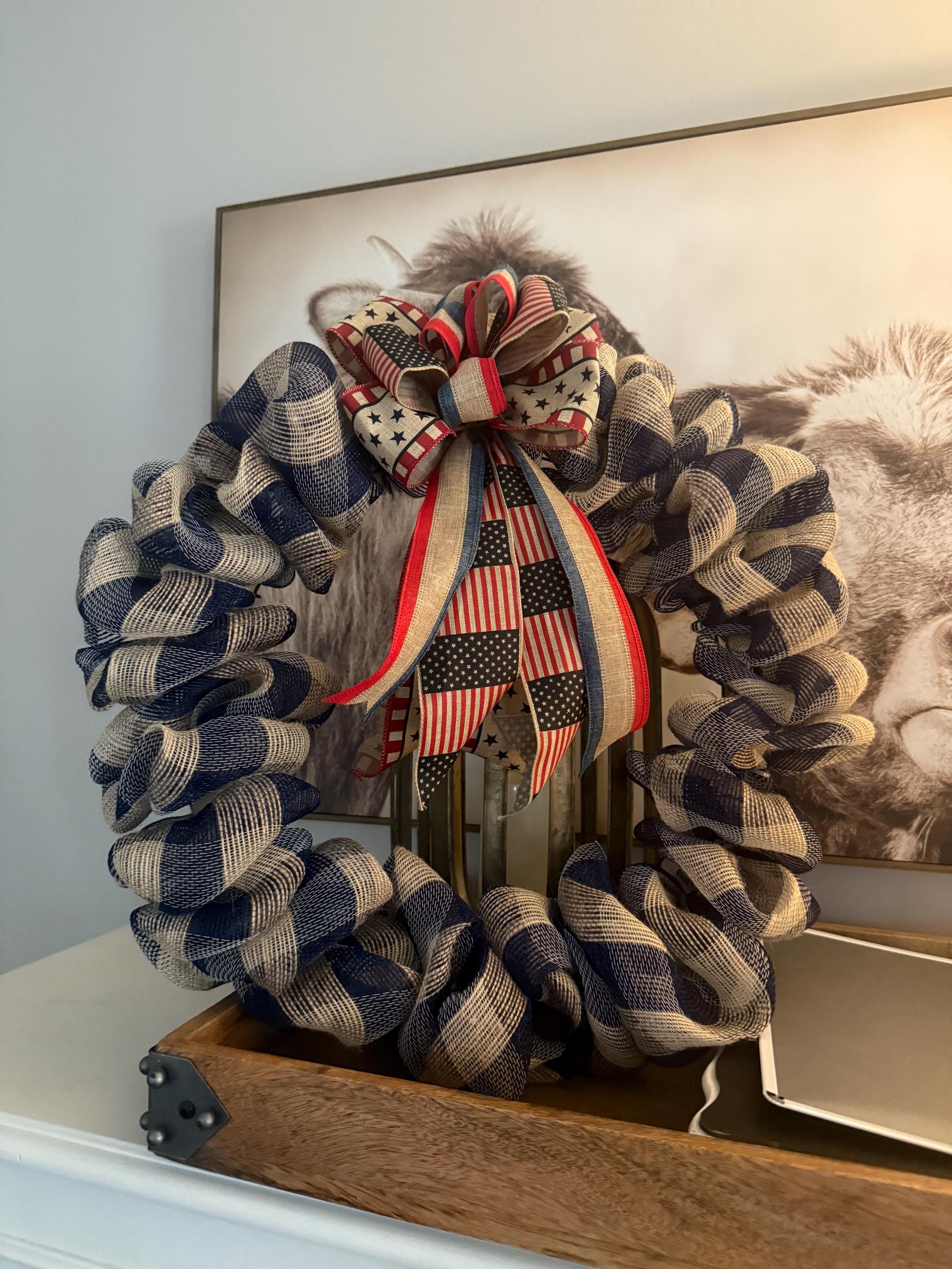 Patriotic Burlap Wreath | Handmade Americana Door Decor | Rustic Fourth ...