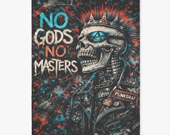 Punk Skull Flanelldecke "No Gods No Masters" Gothic Sofa Kuscheldecke, Anarchie Statement Blanket, Decke weich & warm, Geschenk für Rebellen