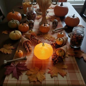 May include: A festive autumn table setting with pumpkins, gourds, and fall foliage. The centerpiece features a glowing pumpkin, surrounded by decorative cornucopias, faux leaves, and small skulls. The table is covered with a plaid runner.