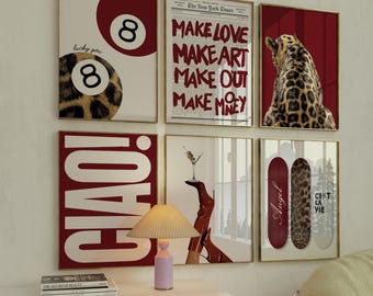 Red Femme Fatale Gallery Wall Set of 6 | Moody Stockholm Apartment Art | Editorial Typography Prints | Cool Girl Decor