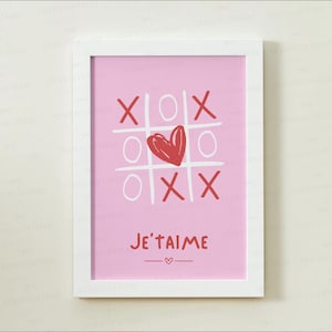XOXO Tic Tac Toe-muurkunst | Roze Je t'aime-citaatprint | Preppy I Love You-poster | Trendy romantische muurkunst | Esthetische roze muurprint |