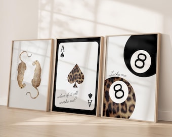 Leopard Print Wall Art Set of 3 | Cheetah Animal Poster | Ace Card Lucky 8 Ball Print | Glam Y2K Printable Decor | Digital Download Bundle