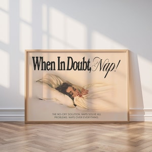 Op de afbeelding: Een ingelijste print met de tekst "When In Doubt, Nap!" boven een afbeelding van een slapende persoon. De onderkant van de print luidt: "THE NO-CRY SOLUTION. NAPS SOLVE ALL PROBLEMS. NAPS OVER EVERYTHING."